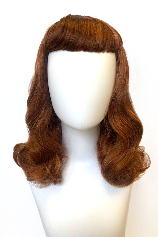 Auburn pinup style wig, finger waved with short fringe, 1950s style: Heidi