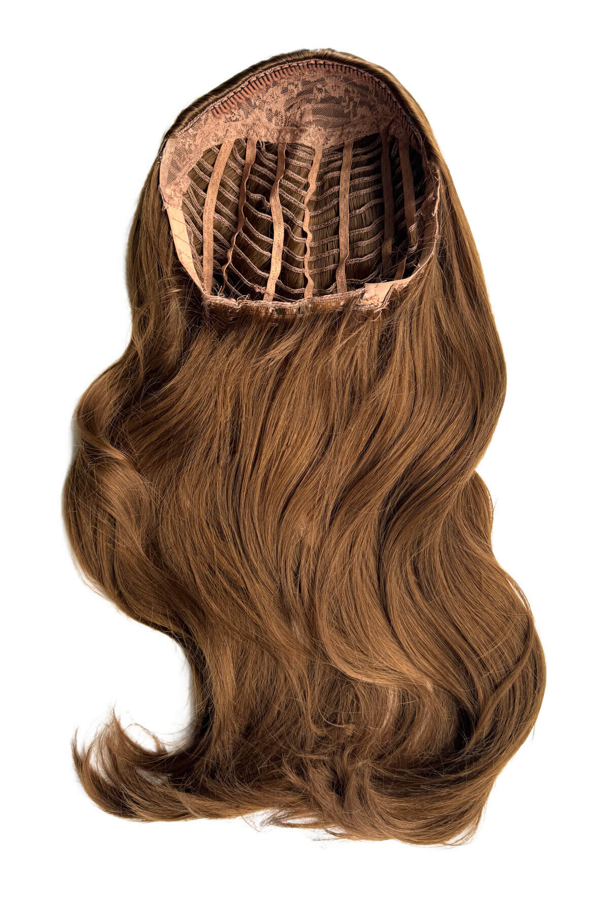 Brown hair extension on a white background. Heat styleable half wig hairpiece, long wavy, Flexihair: Antoinette light brown 12