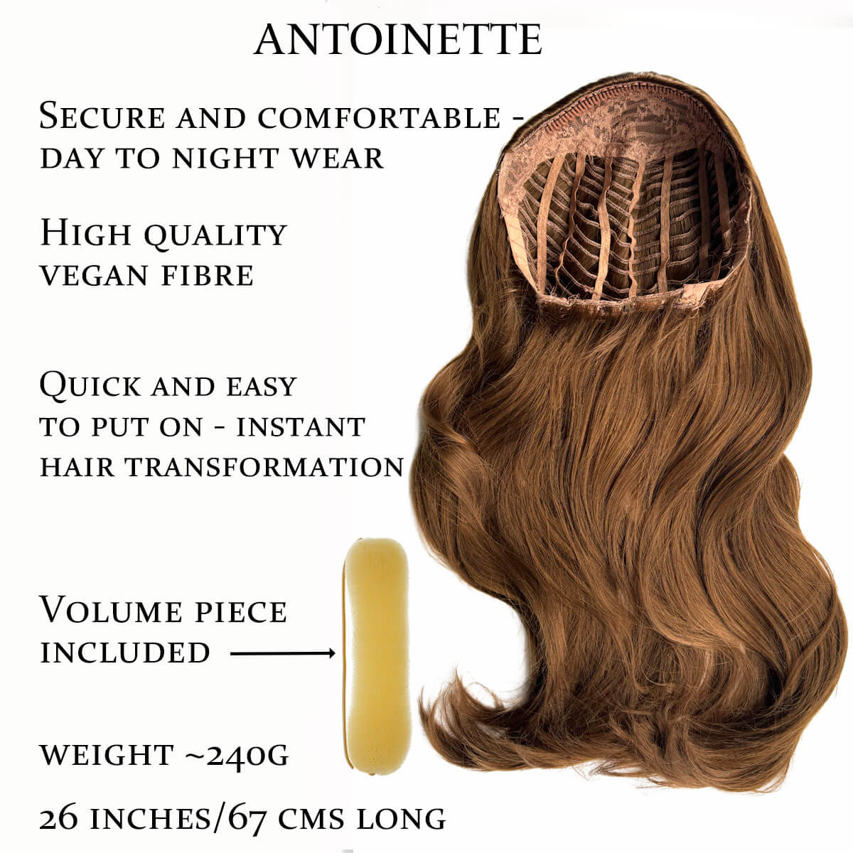 Hair extension with features listed on a white background. Heat styleable half wig hairpiece, long wavy, Flexihair: Antoinette light brown 12