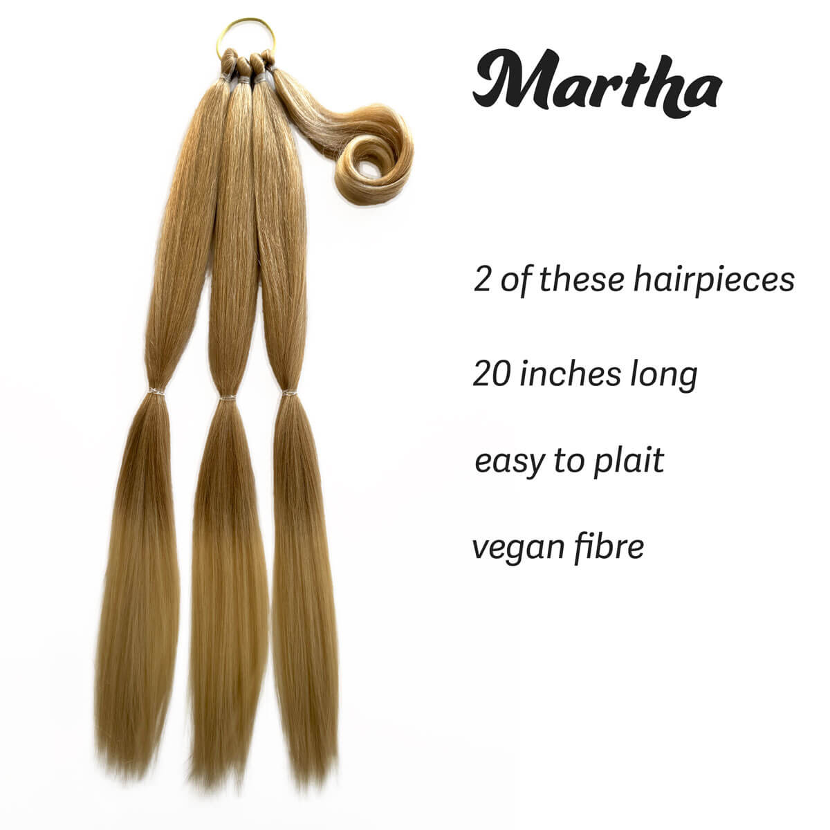 Blonde hair extensions with packaging labeled 'Martha' on a white background. Long double plaited ponytail hairpieces : Martha blonde 613T24