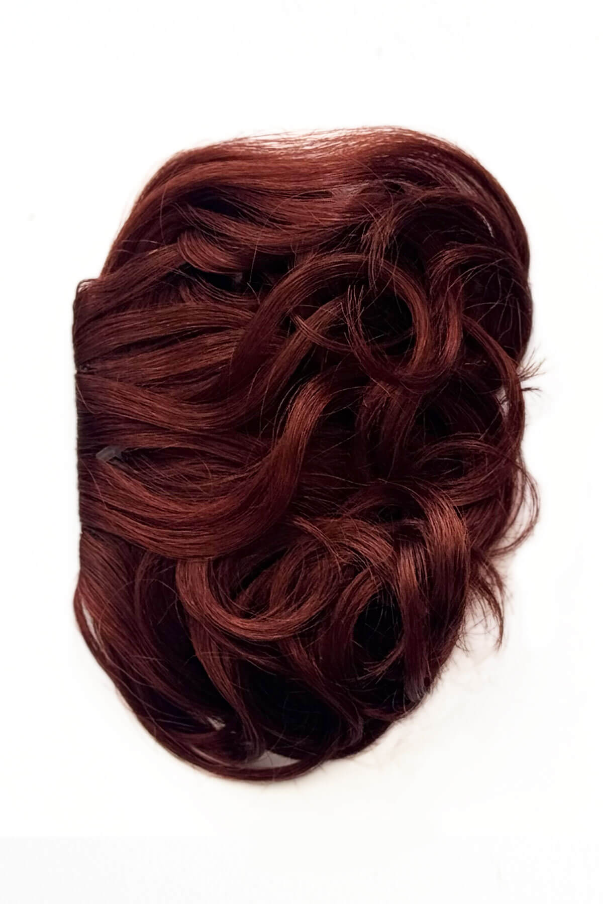 Copper red hair extension on a white background. Curly 1940s style clip-in fringe hairpiece/clip-in bangs: Bunny copper red 130