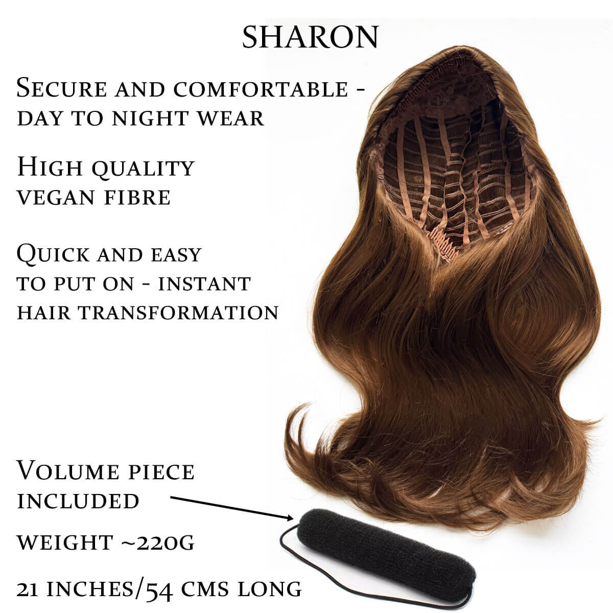 Hair extension with features listed on a white background. Half wig hairpiece, long and wavy, Flexihair (Heat styleable) and volume ring for high crown: Sharon light brown 12