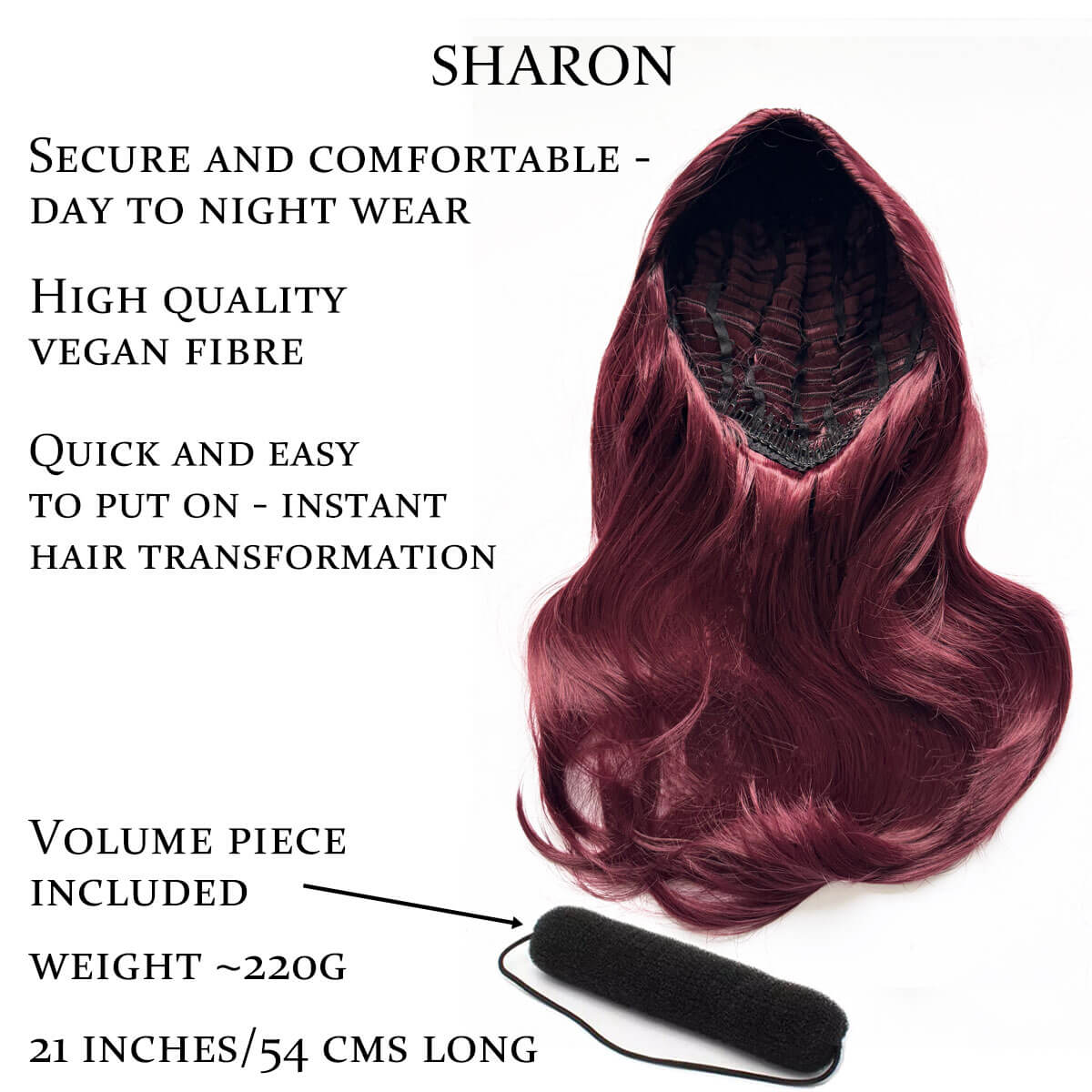 Red hair extension with product features listed on a white background. Half wig hairpiece, long and wavy, Flexihair (Heat styleable) and volume ring for high crown: Sharon cherry red 39