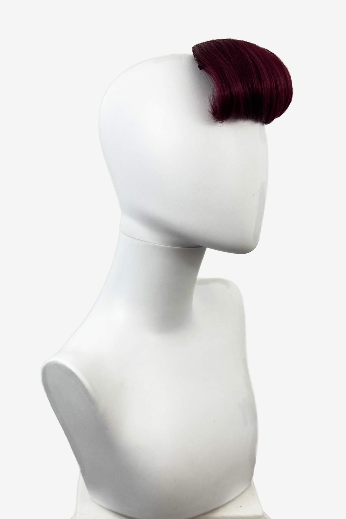 Mannequin head with a burgundy hairpiece on a white background. Victory roll fringe/bangs hairpiece, 1950s vintage style: Rosa red 39