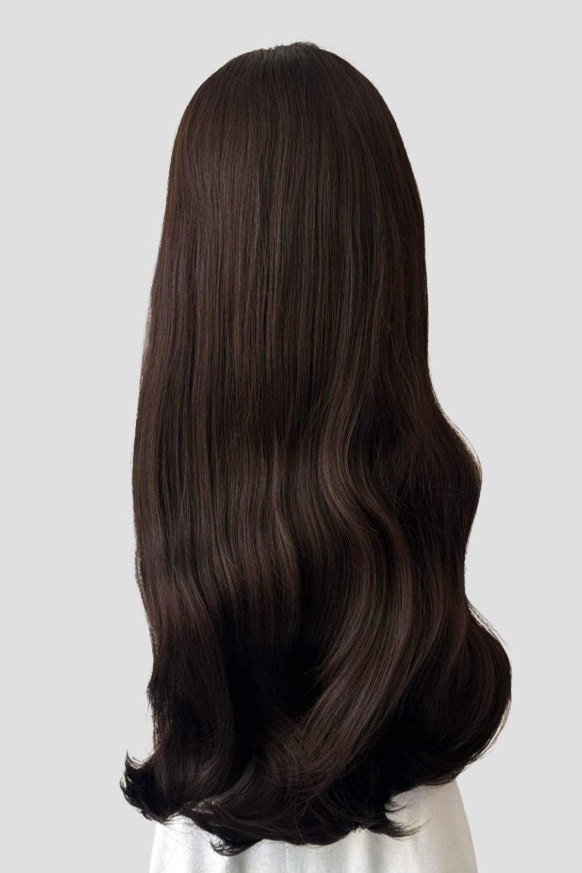 Long, dark brown wig on a plain background. Kate - Heat Styleable Extra Long, Gentle Wave Half Wig dark chocolate brown 6