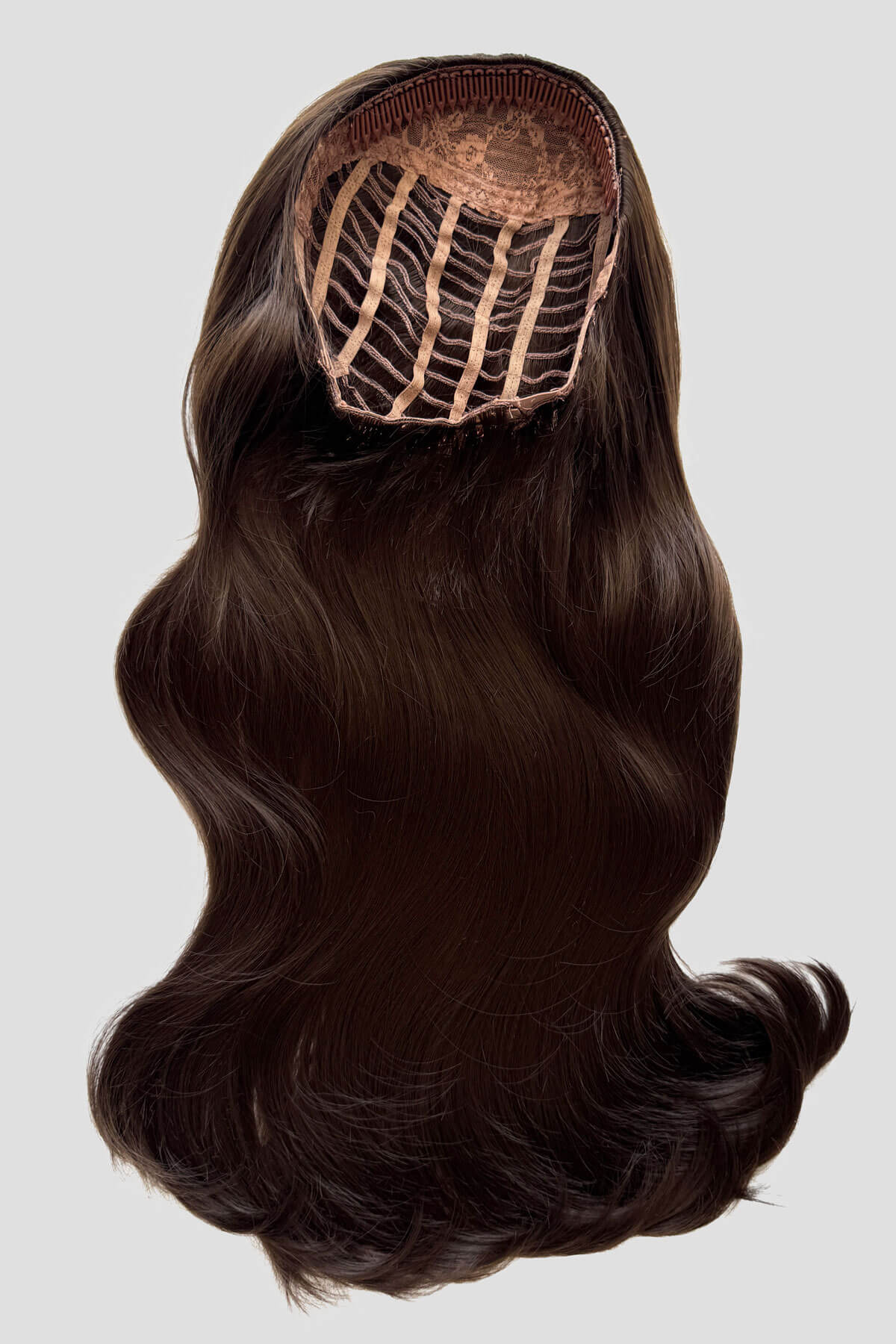 Brown hair extension on a white background. Kate - Heat Styleable Extra Long, Gentle Wave Half Wig Chestnut brown 8
