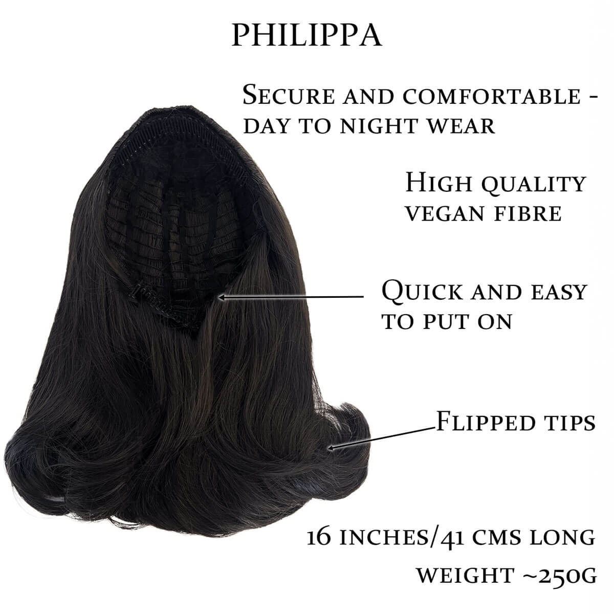 Dark brown wig labeled with features on a white background. 1960s half wig hairpiece, flicked, hair flip: Philippa dark brown 4