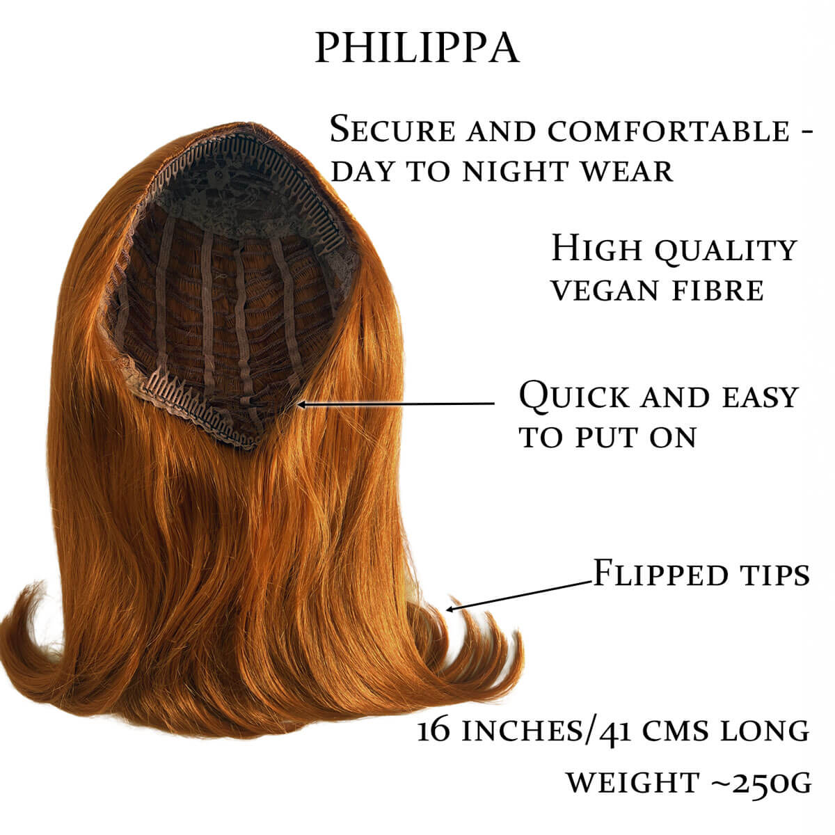 Hair extension with features labeled on a white background. 1960s half wig hairpiece, flicked, hair flip: Philippa ginger