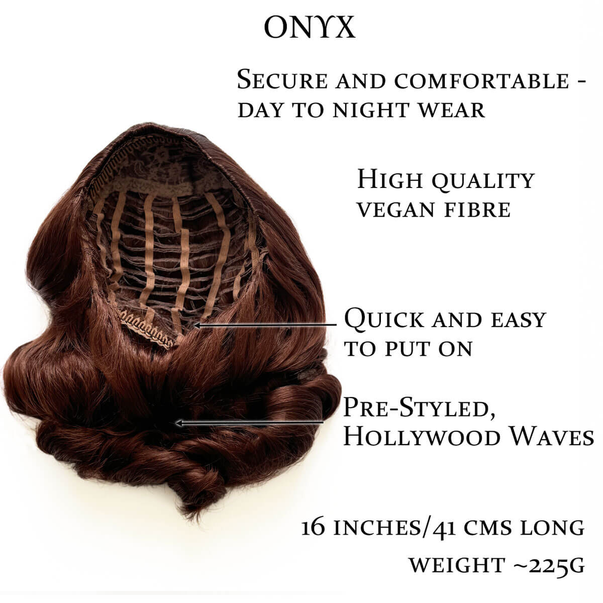 Brown hairpiece with features highlighted on a white background. 1950s style shoulder length half wig hairpiece with beautiful vintage waves: Onyx copper red 130