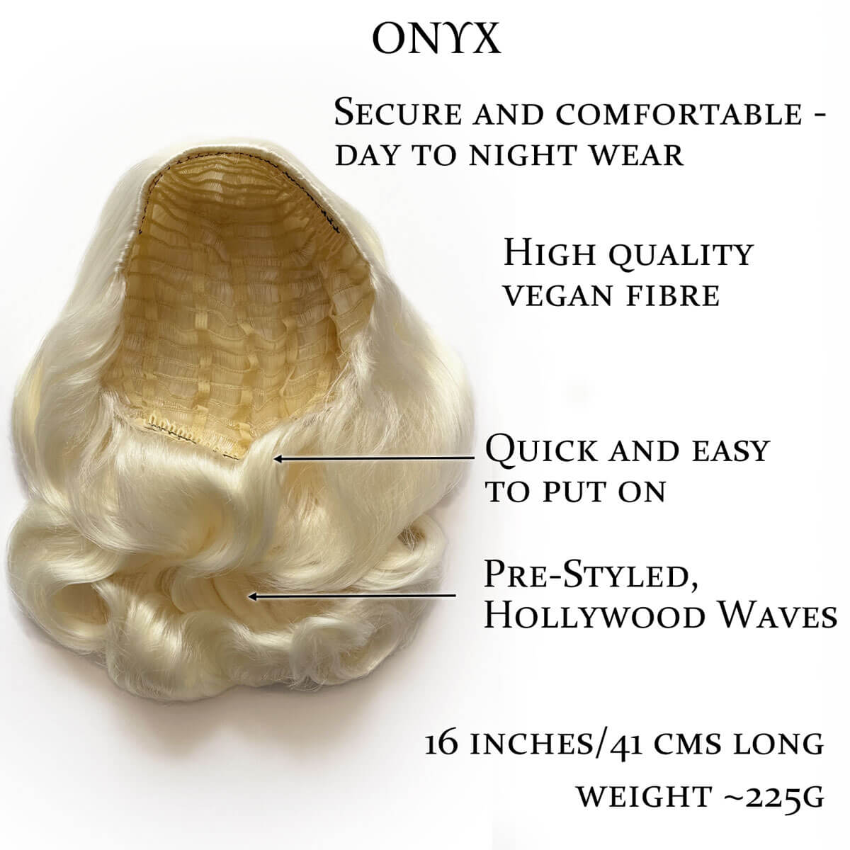 Blonde wig with text highlighting features on a white background. 1950s style shoulder length half wig hairpiece with beautiful vintage waves: Onyx platinum blonde 1001