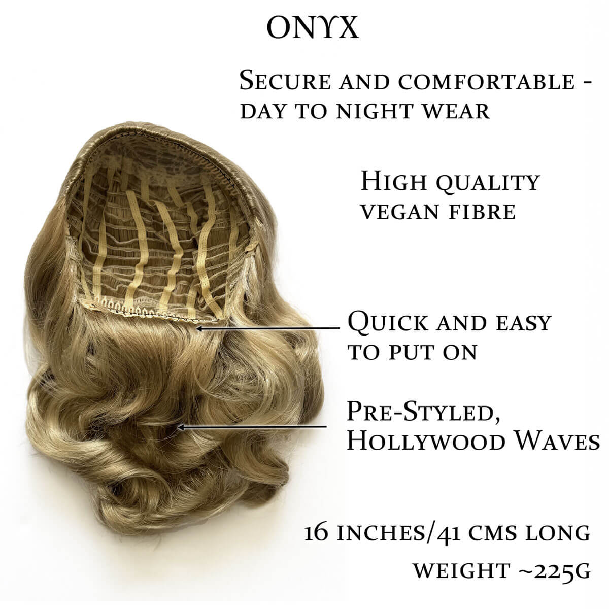 Blonde wig with text highlighting features on a white background. 1950s style shoulder length half wig hairpiece with beautiful vintage waves: Onyx blonde 24H613