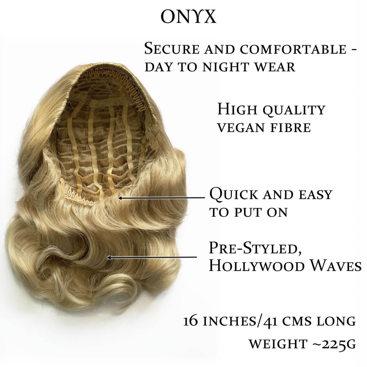 Blonde wig with text highlighting features on a white background. Blonde hairpiece with a white background. 1950s style shoulder length half wig hairpiece with beautiful vintage waves: Onyx blonde 613T24