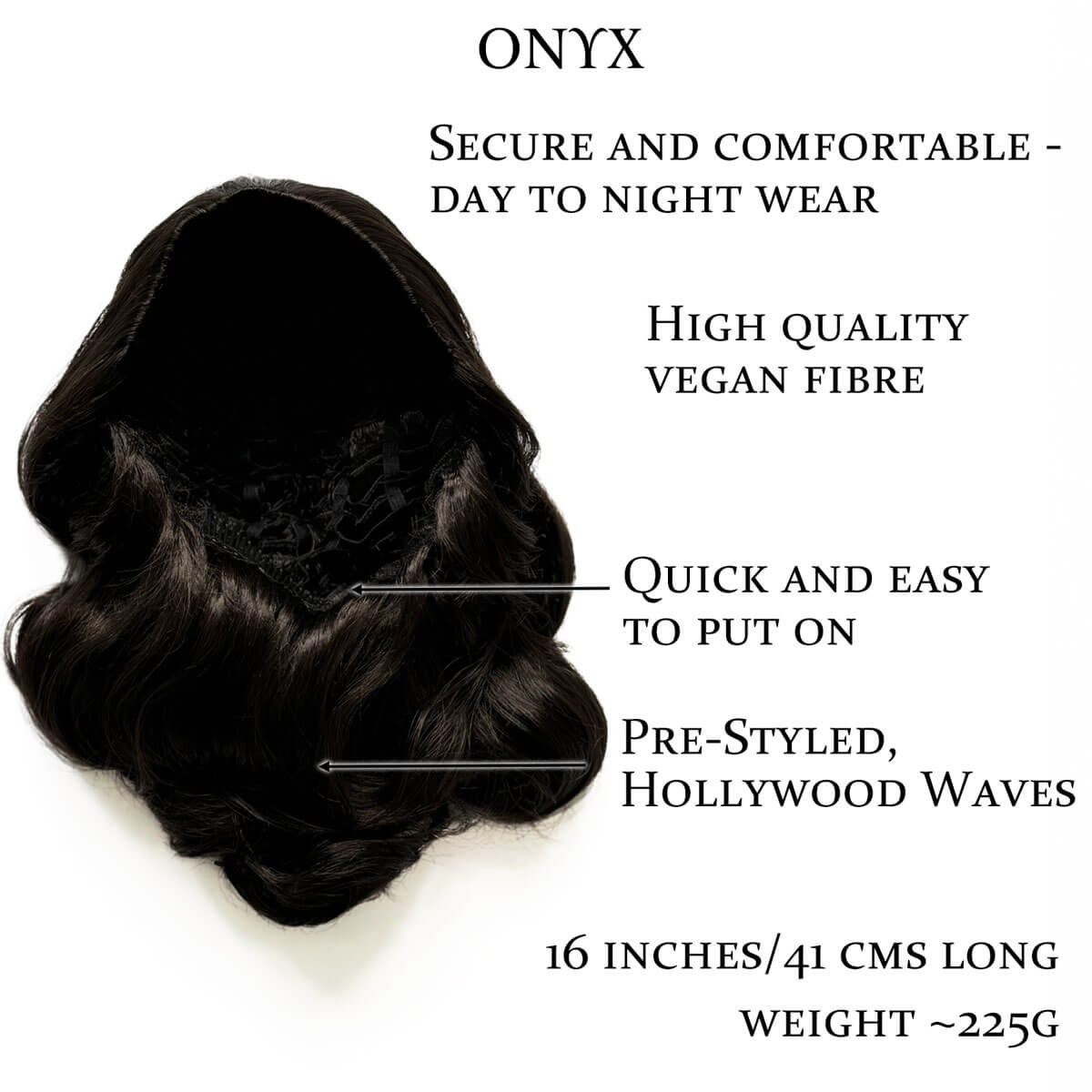 Dark chocolate brownhairpiece with features listed on a white background. 1950s style shoulder length half wig hairpiece with beautiful vintage waves: Onyx dark chocolate brown 6