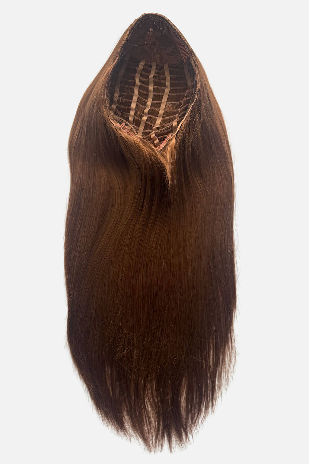 Auburn hair extension on a white background. 1960s style hair, high crown long straight half wig: Andrea auburn 30