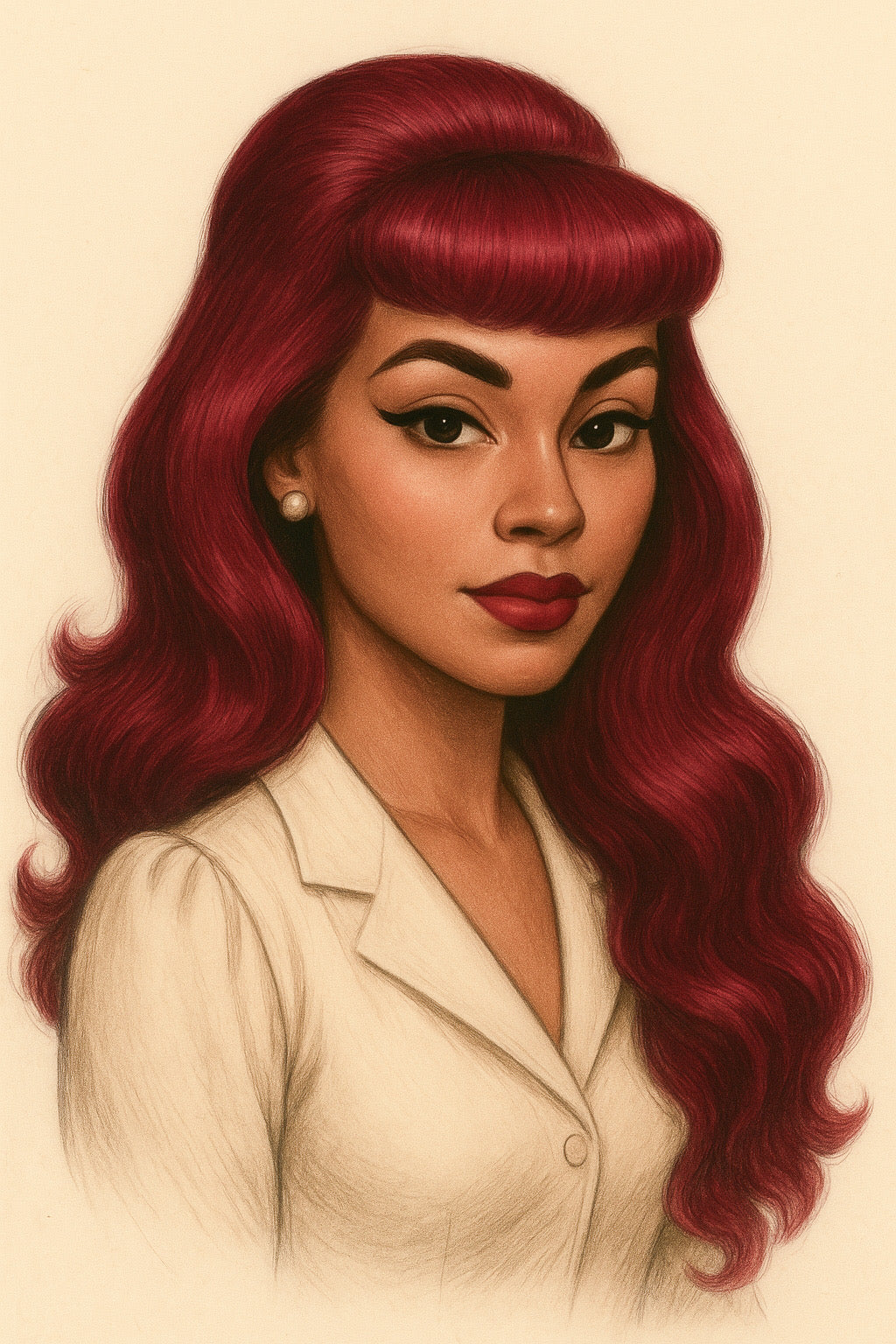 Illustration of a woman with vibrant red hair and a light-colored outfit on a beige background