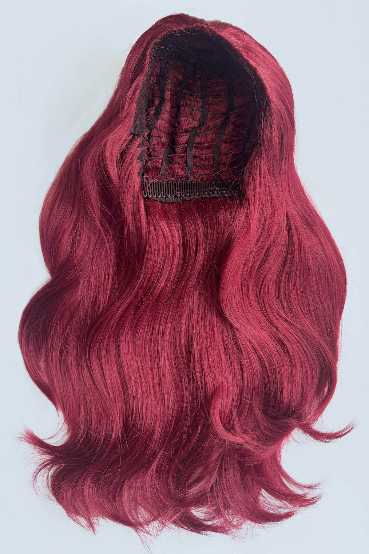 A long, wavy wig with a vibrant deep red, shown from the back. Claudia - Volume Boosting Long Gentle Bouncy Layered Half wig dark cherry red 39