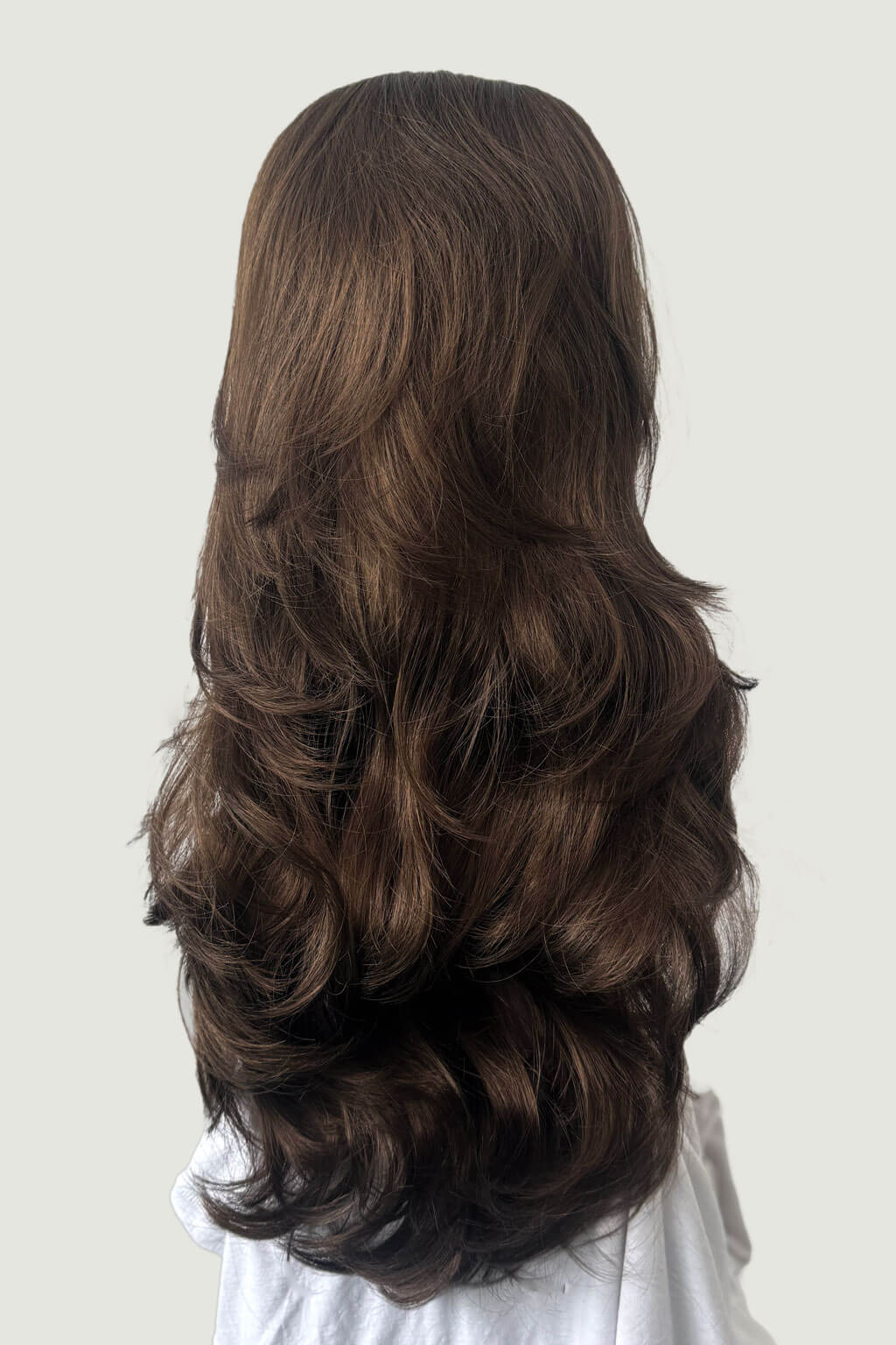 Long, wavy brown hair extension on a plain background - High crown long, layered half wig and volume ring: Helena mocha brown 10
