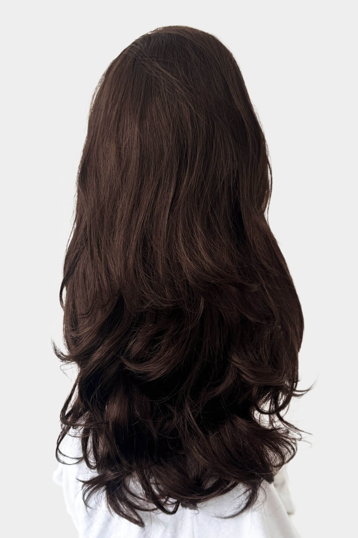 Long, dark brown wig on a white background. Brown half wig hairpiece, full, long with gentle waves: Taya chestnut brown 8