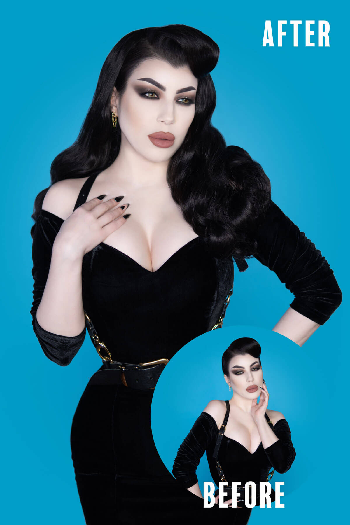 Before and after comparison of a woman in a black outfit against a blue background. 1950s style half wig hairpiece with beautiful waves: Morgana dark chocolate brown 6