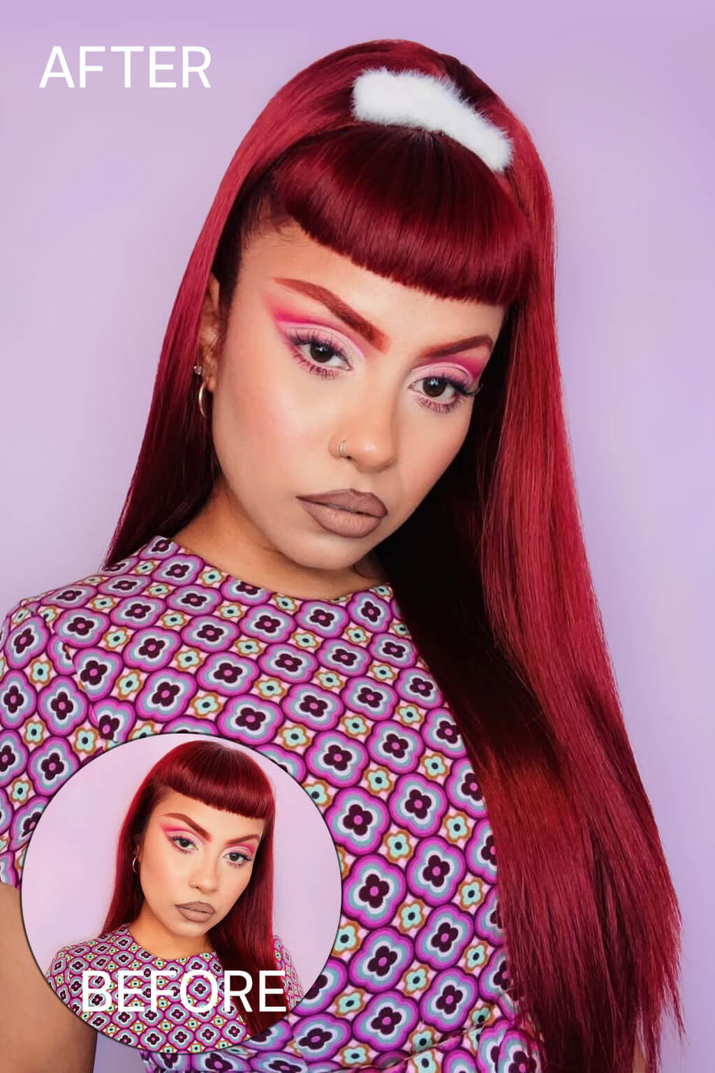 Person with red hair and colorful makeup, with 'Before' and 'After' insets on a purple background. 1960s style hair, high crown long straight half wig: Andrea cherry red 39