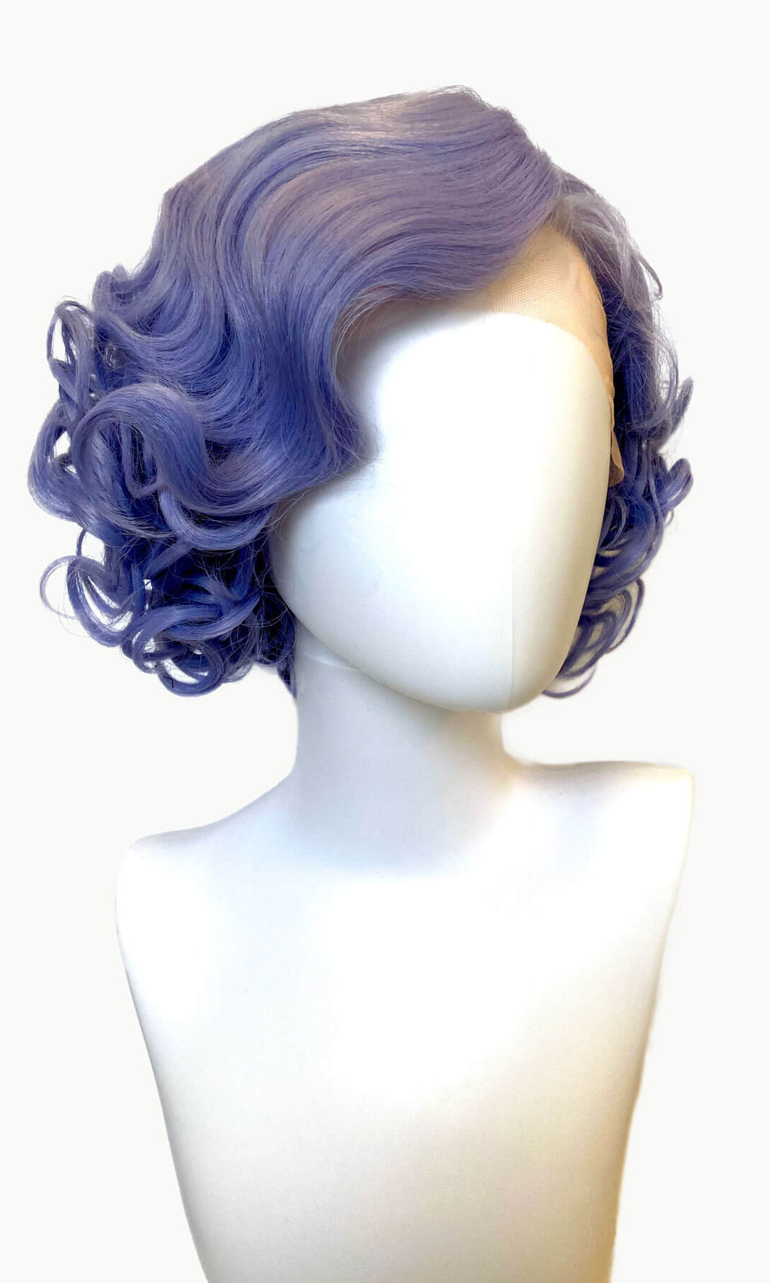 Bluey-Purple wig on a mannequin head against a white background.Blue pinup wig, lace front, vintage style: Leanora