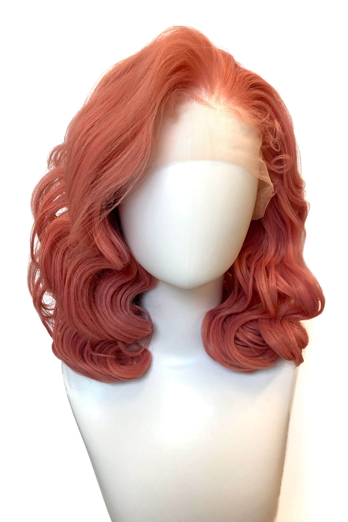 Pink wig on a mannequin head against a white background. Pink pinup wig, lace front, vintage style: Catalina