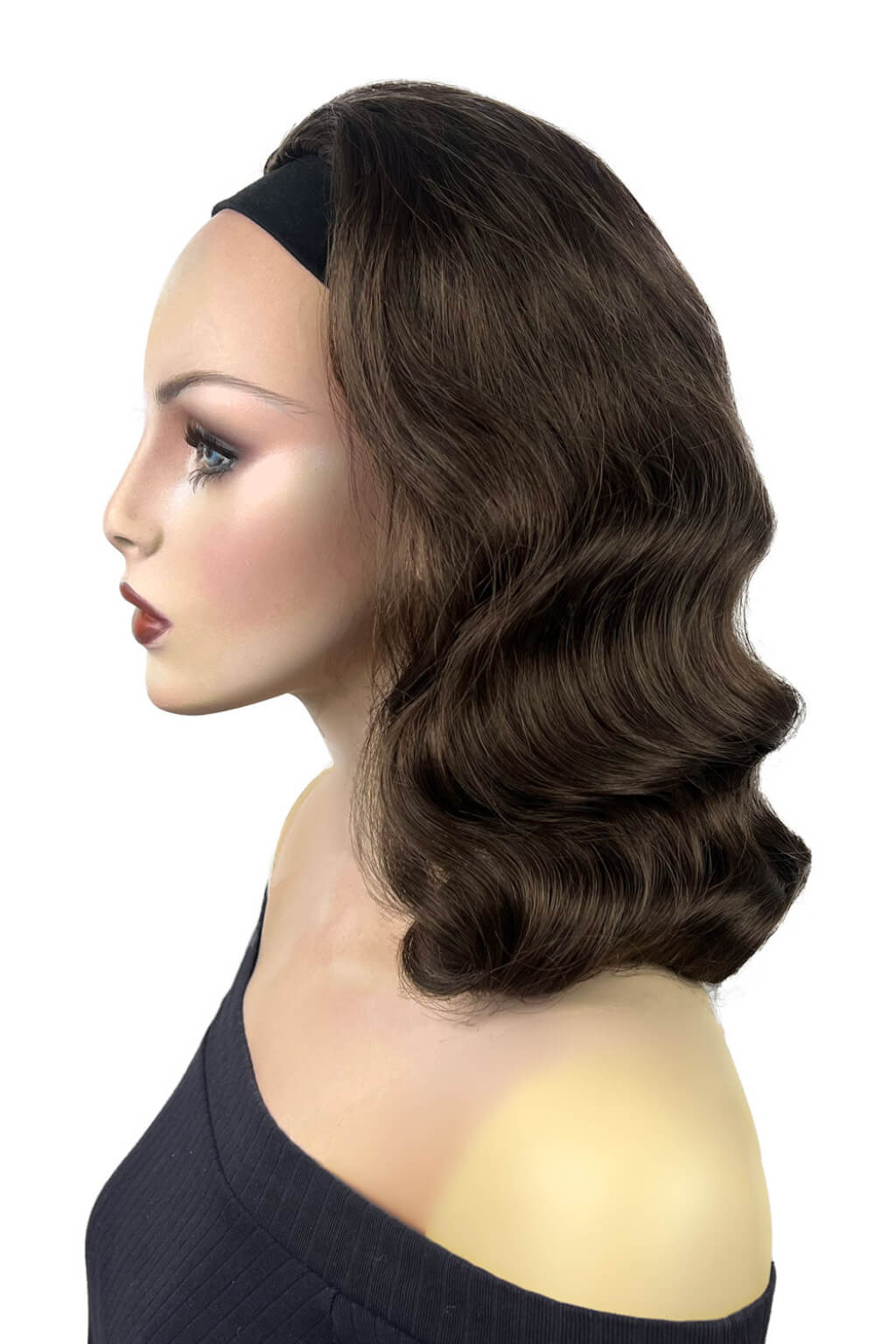 Mannequin head with a brown wig on a white background. 1950s style half wig hairpiece with deep finger waves: Deborah brown 8