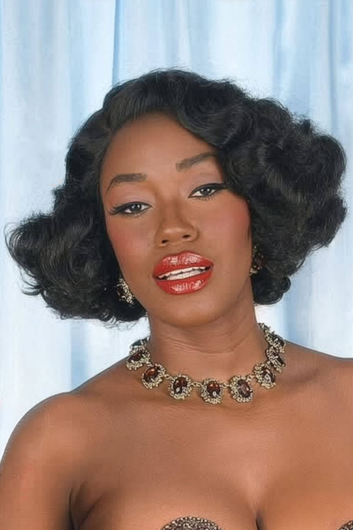 Woman with styled hair wearing a necklace against a light blue curtain background. Black lace front wig, short with finger waves: Viola