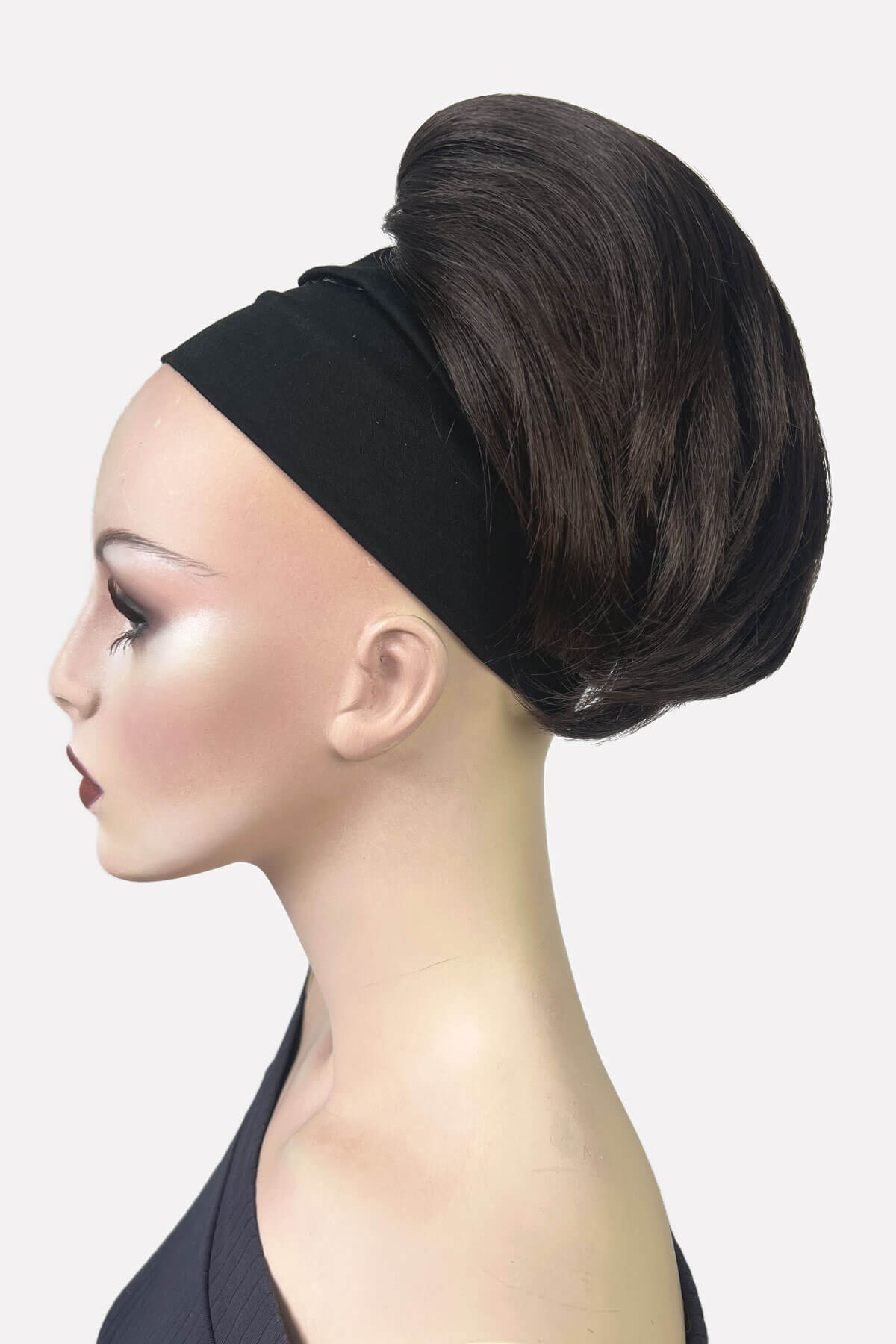Mannequin wearing Short beehive ponytail hairpiece: Sherri chestnut brown 8