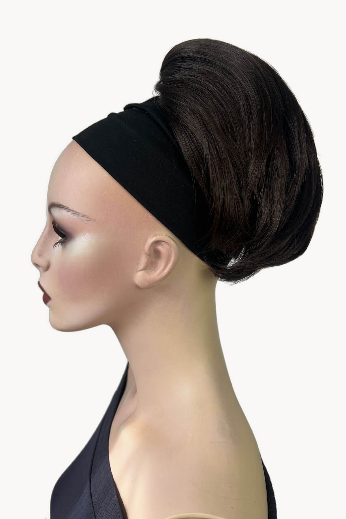 Mannequin with short beehive ponytail hairpiece: Sherri dark chocolate brown 6