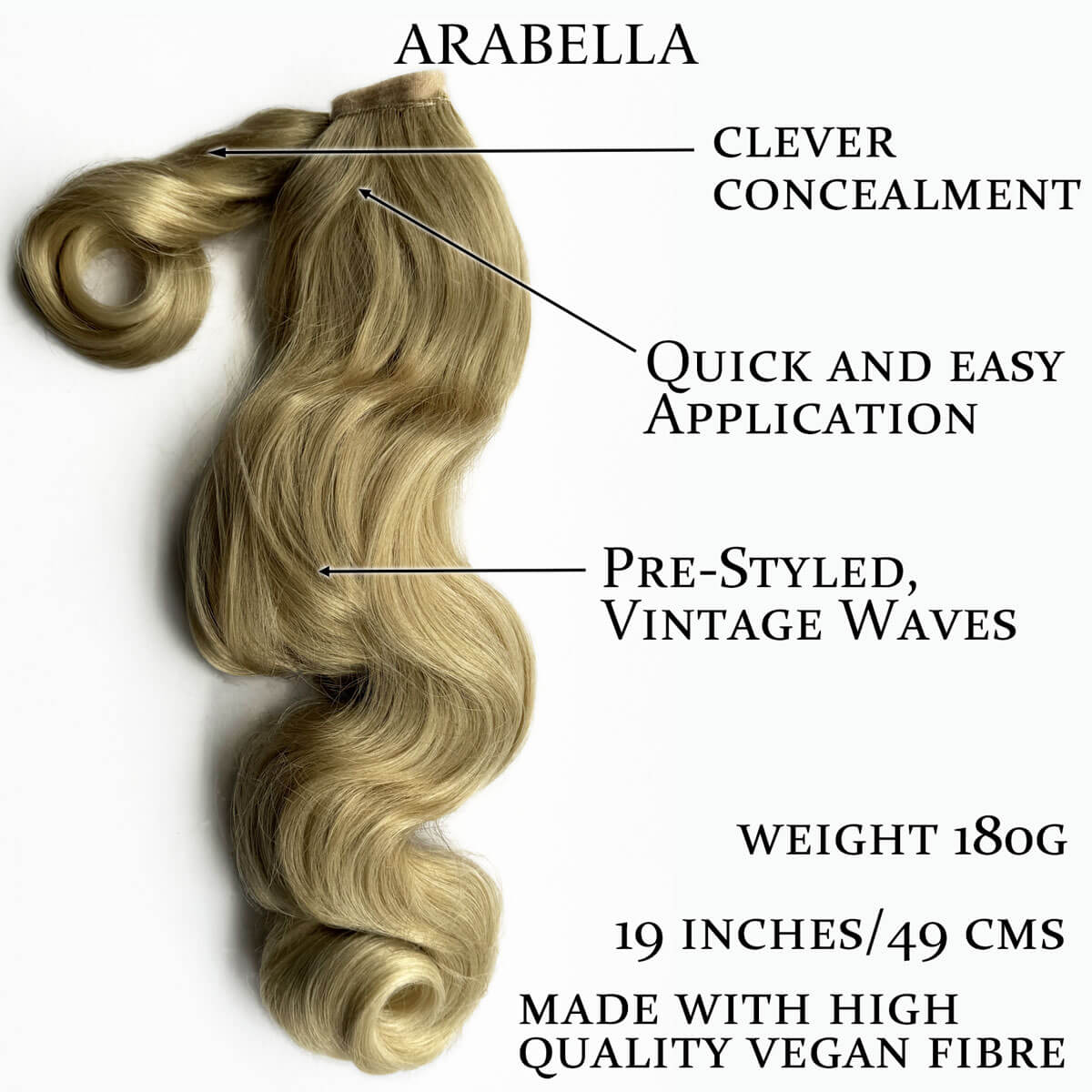 Blonde hair extension with features labeled on a white background. Retro style ponytail hairpiece, long with vintage waves: Arabella blonde 613T24