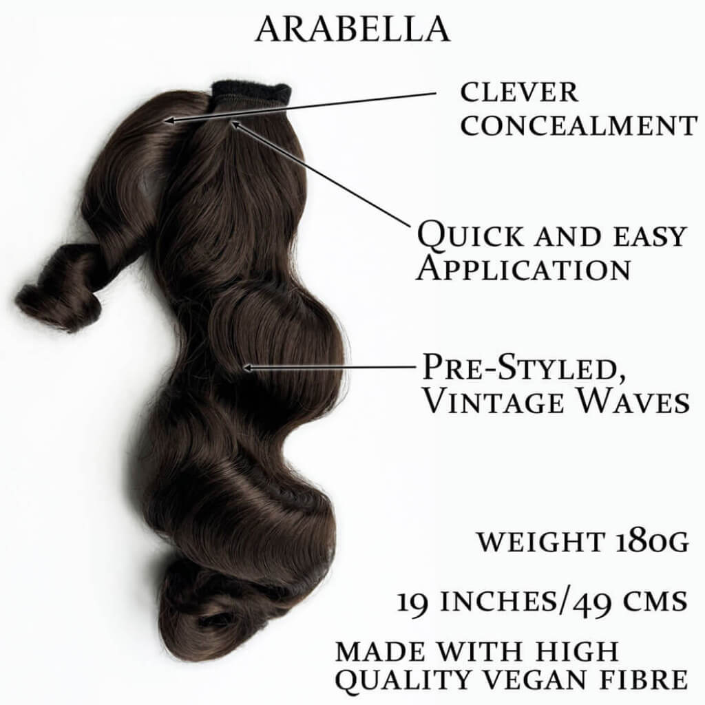 Hair extension with features labeled on a white background. Retro style ponytail hairpiece, long with vintage waves: Arabella dark chocolate brown 6