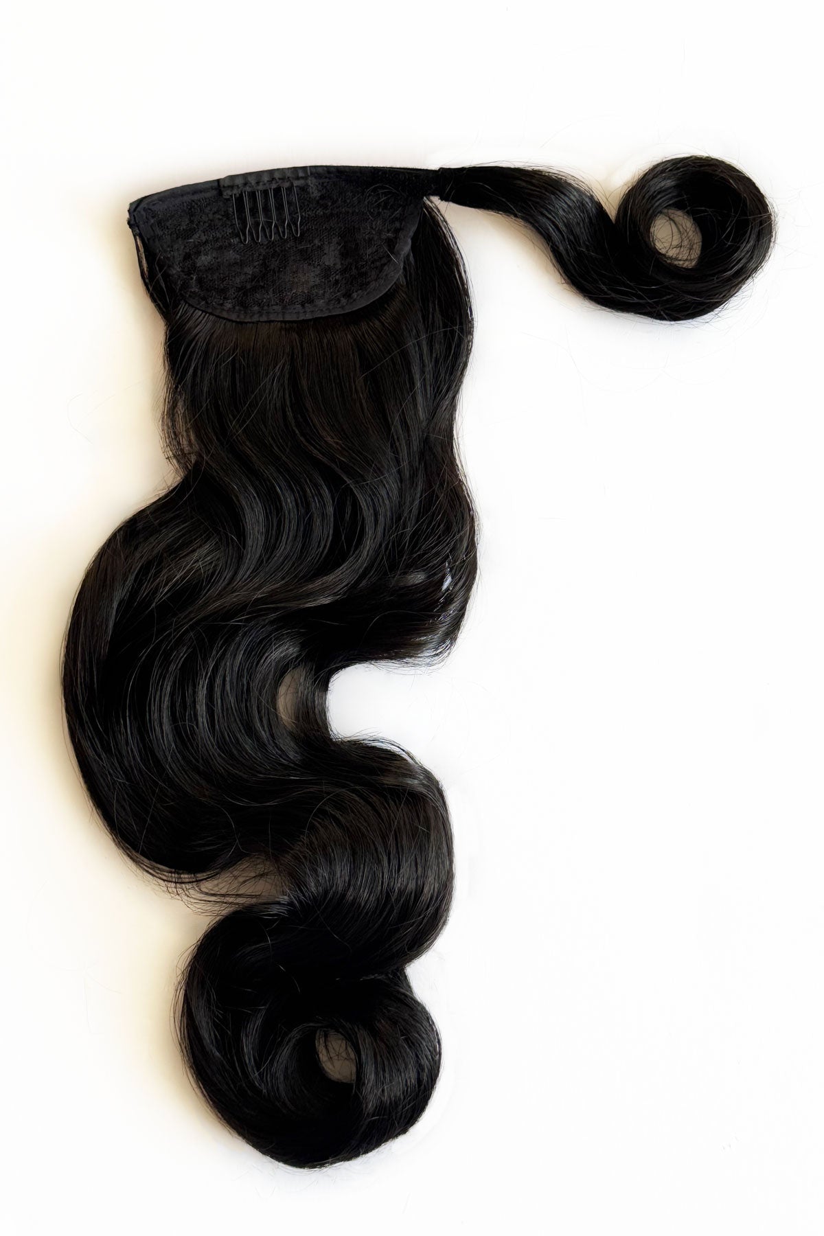 Black hair piece on a white background. Long ponytail hairpiece with vintage waves: Kitrysha - Black 1B