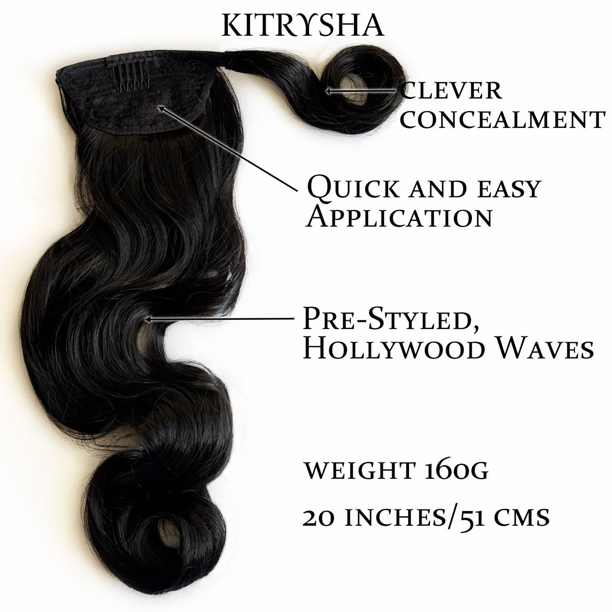 Black hair piece on a white background. Long ponytail hairpiece with vintage waves: Kitrysha - Black 1B