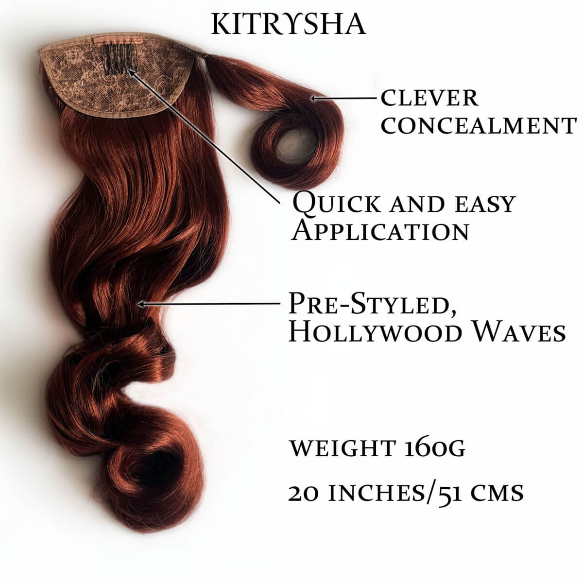 Copper red hair extension on a white background. Long ponytail hairpiece with vintage waves: Kitrysha -copper 130 with features labeled on a white background