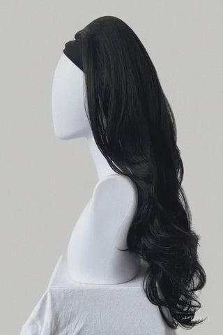 Black wig on a white background. High crown long, layered half wig and volume ring: Helena jet black #1