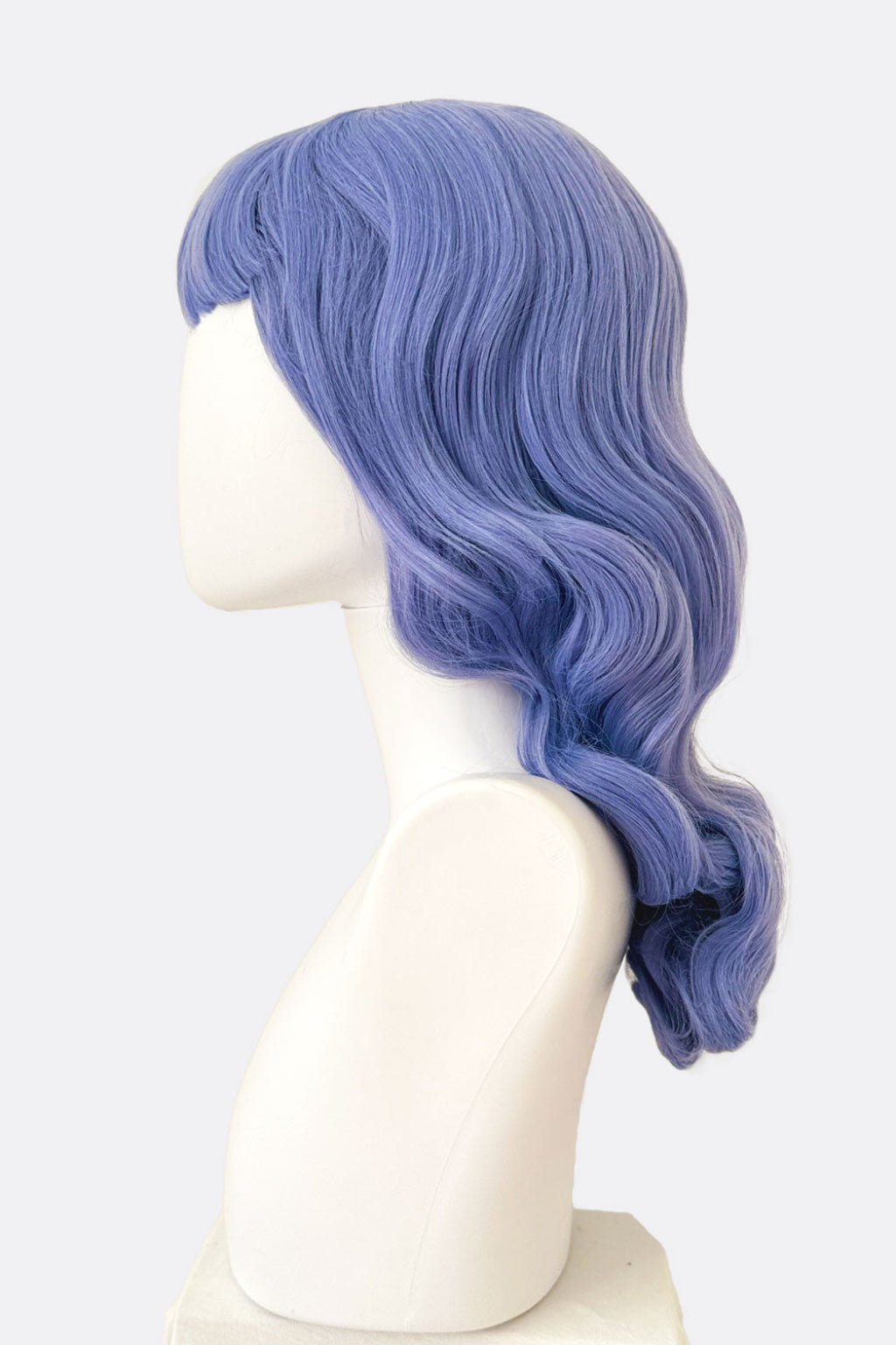 Long blue pinup style wig, curled with short fringe: Ophelia