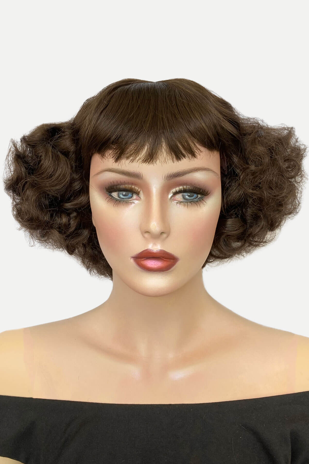 Mannequin head with a styled brown wig on a white background. A short brown vintage style wig with waves: Rita chestnut brown 8