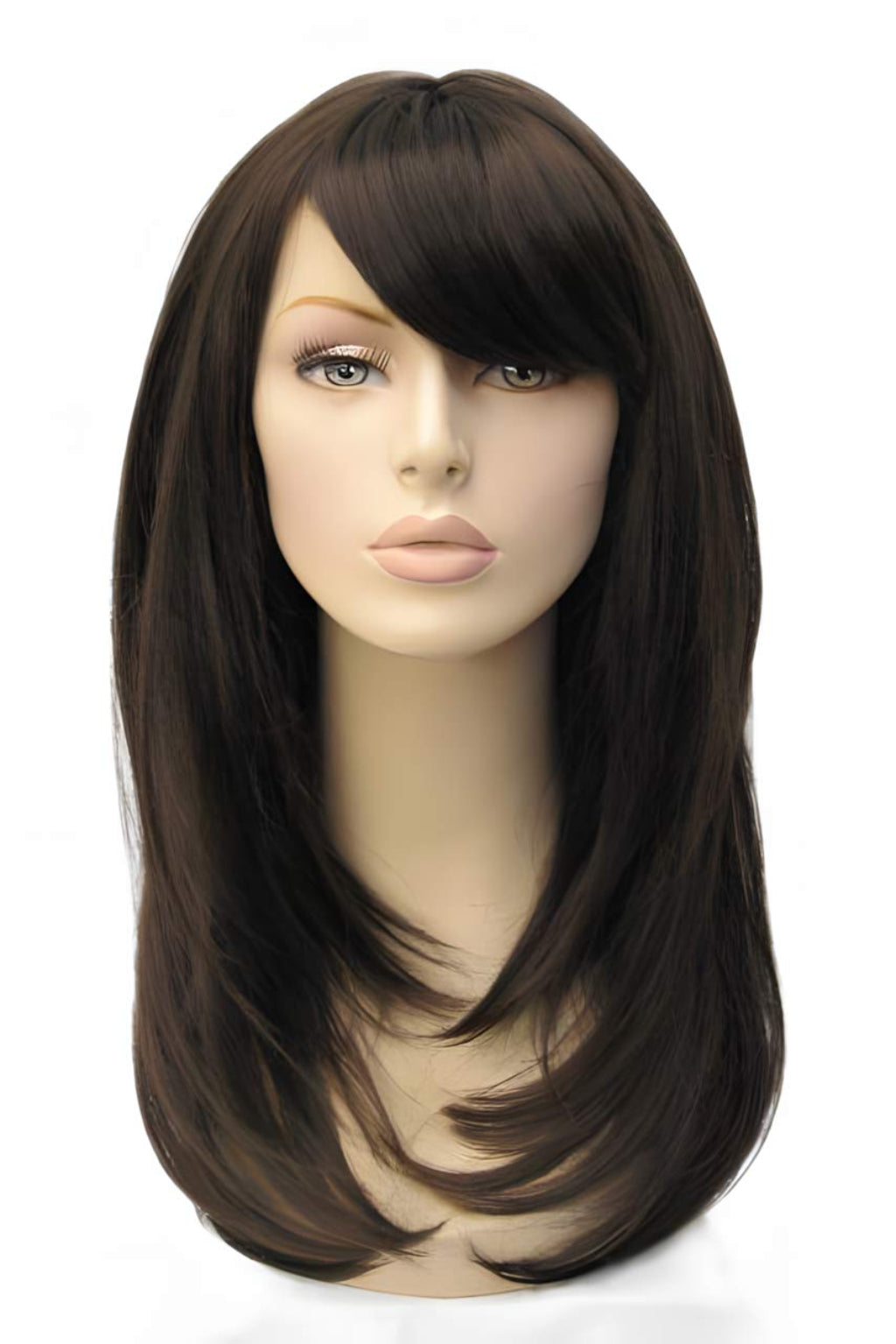 Brown wig with bangs on a mannequin head against a white background. Long dark brown wig, layered face frame style: Lucy