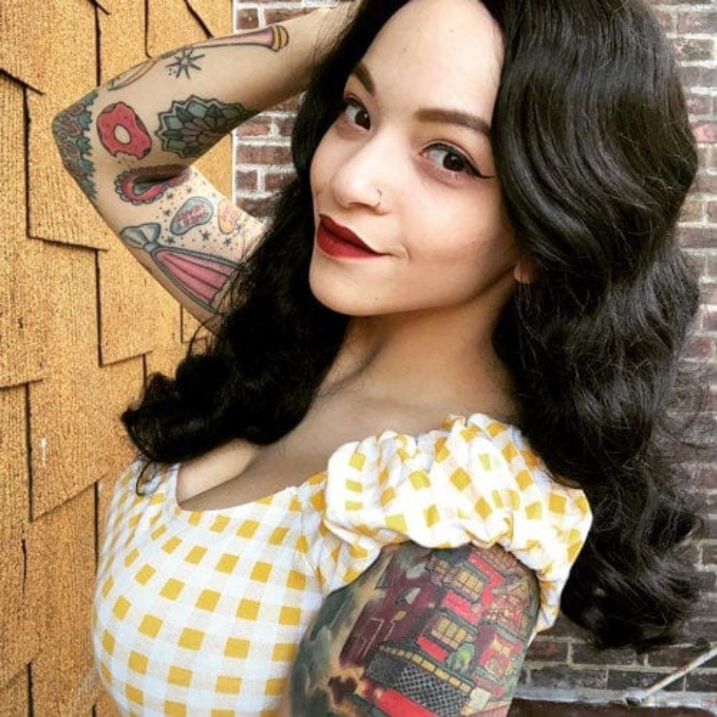 Black 1940s style wig with long marcel waves: Vivienne