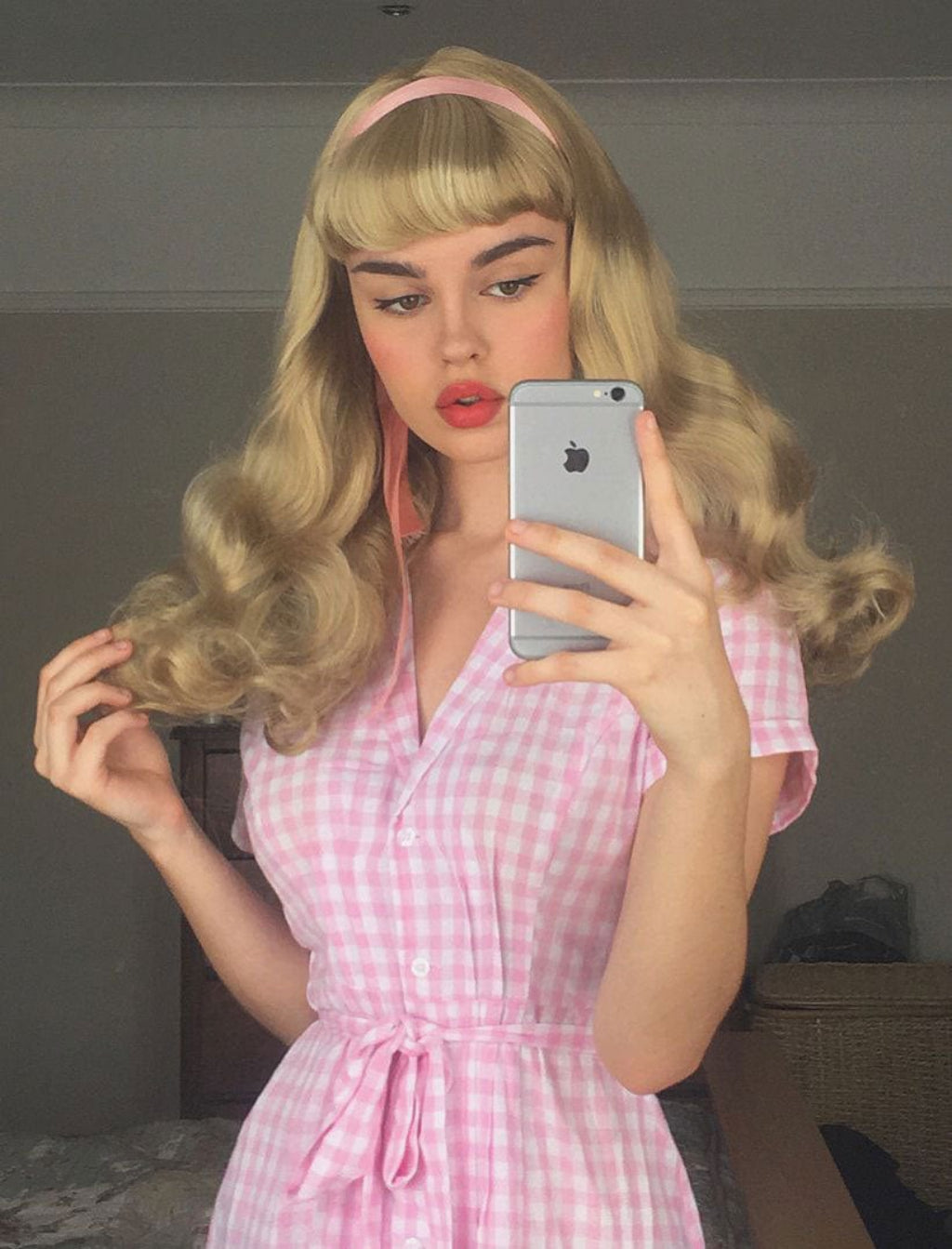 Long blonde 1950's style wig, gently wavy with short fringe: Emmeline