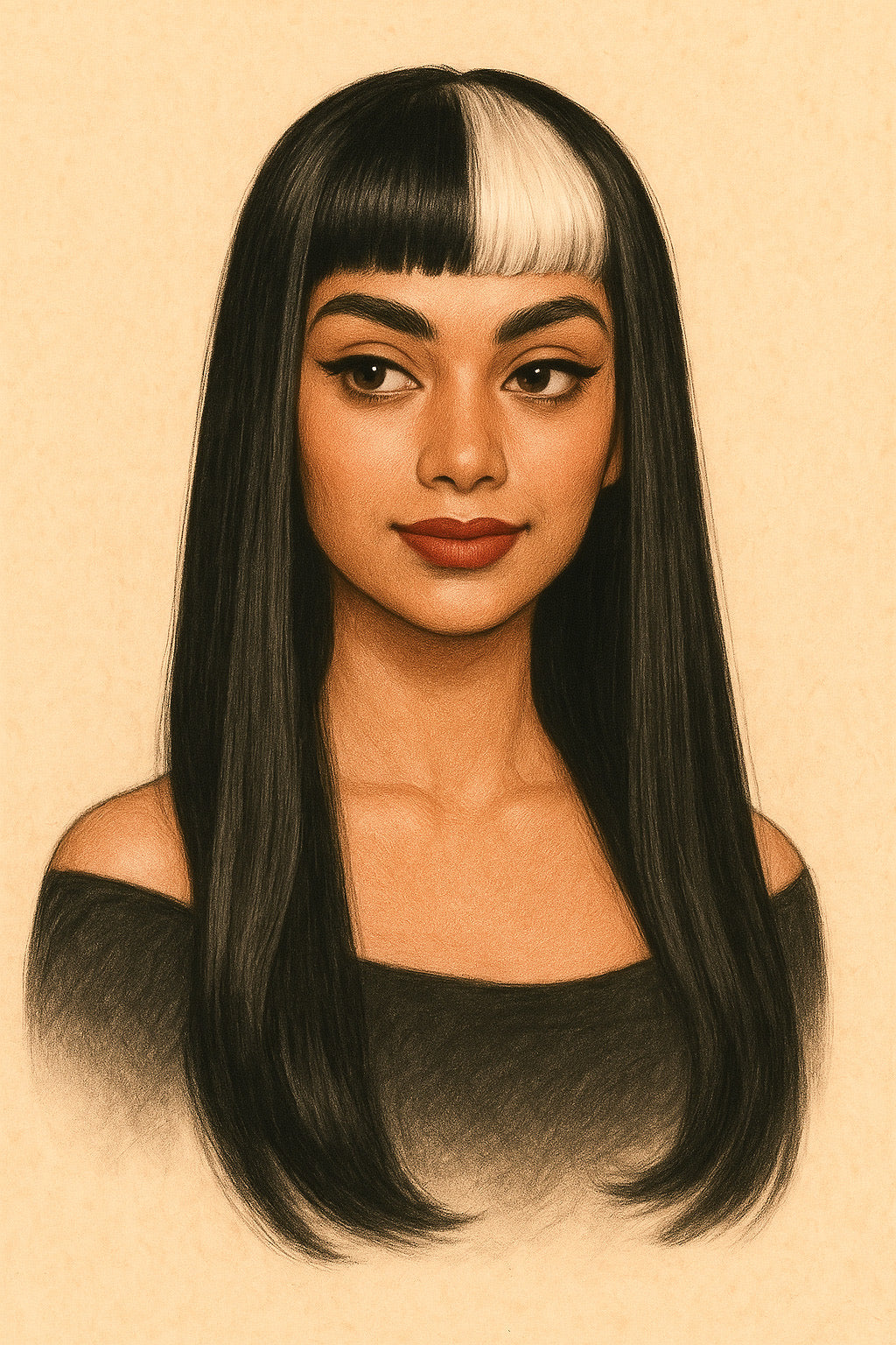 Woman with black and white hair on a beige background. Illustration  of Imogen wig