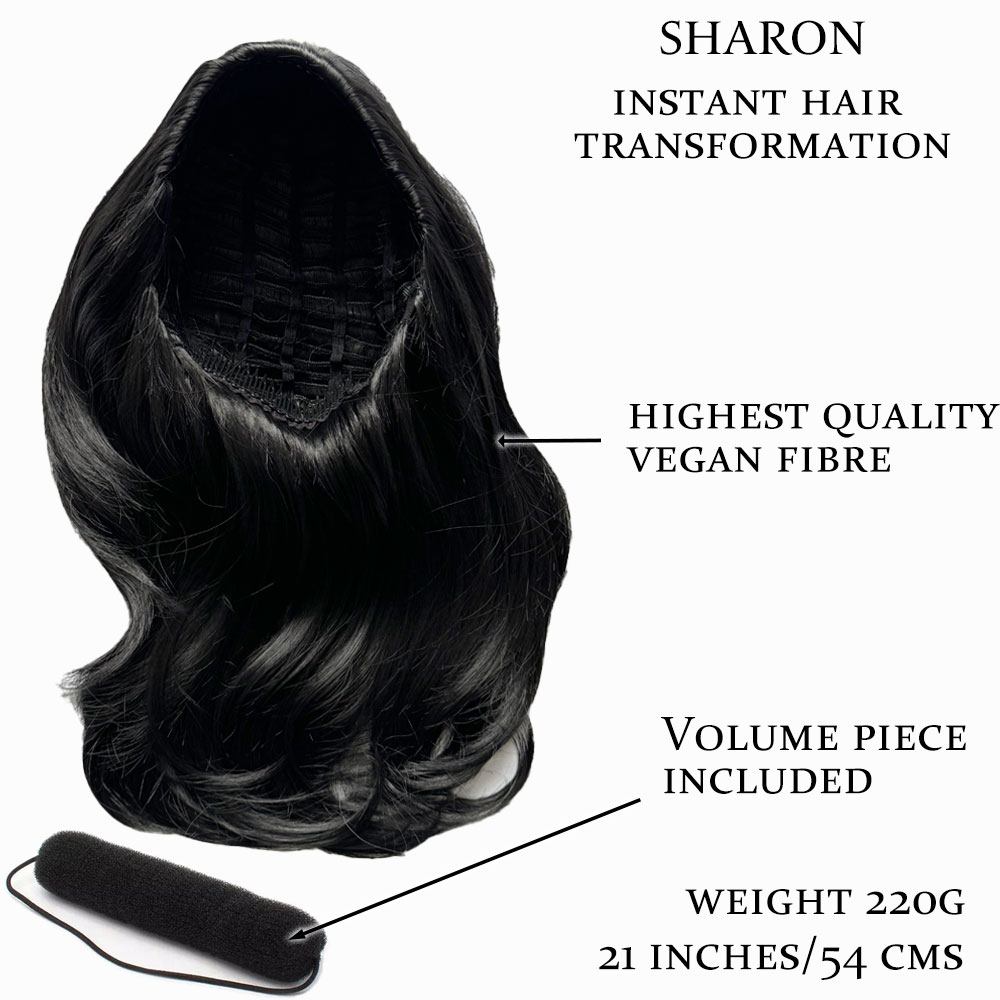 Half wig hairpiece, long and wavy, Flexihair (Heat styleable) and volume ring for high crown: Sharon black 1B