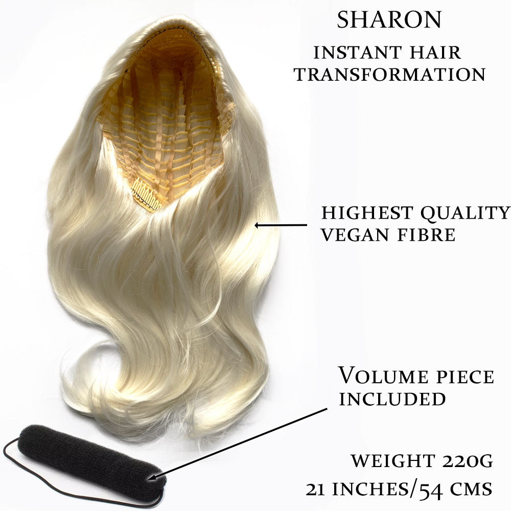 Half wig hairpiece, long and wavy, Flexihair (Heat styleable) and volume ring for high crown: Sharon platinum blonde 1001