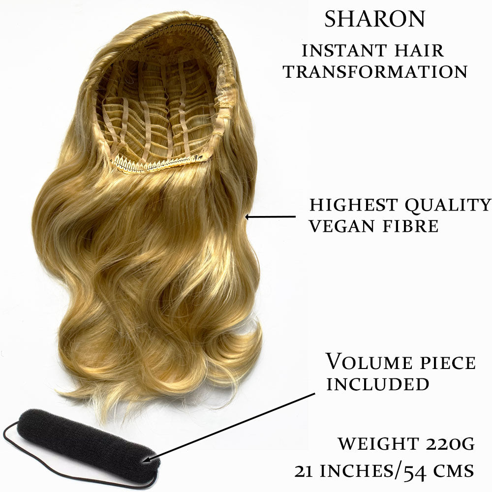 Half wig hairpiece, long and wavy, Flexihair (Heat styleable) and volume ring for high crown: Sharon honey blonde 24BH613