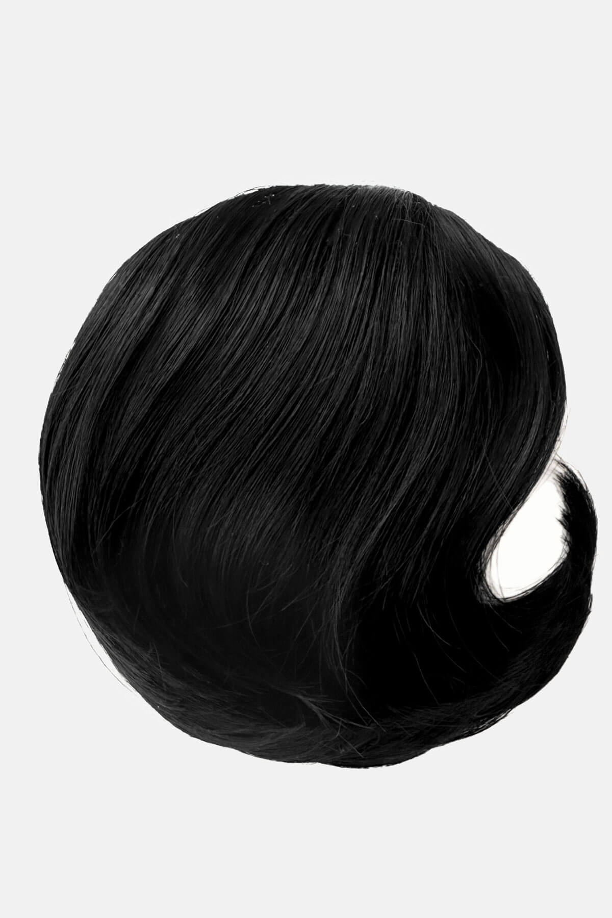 Black hairpiece on a white background. Beehive hairpiece hair height booster, Flexihair: Pixi black 1B