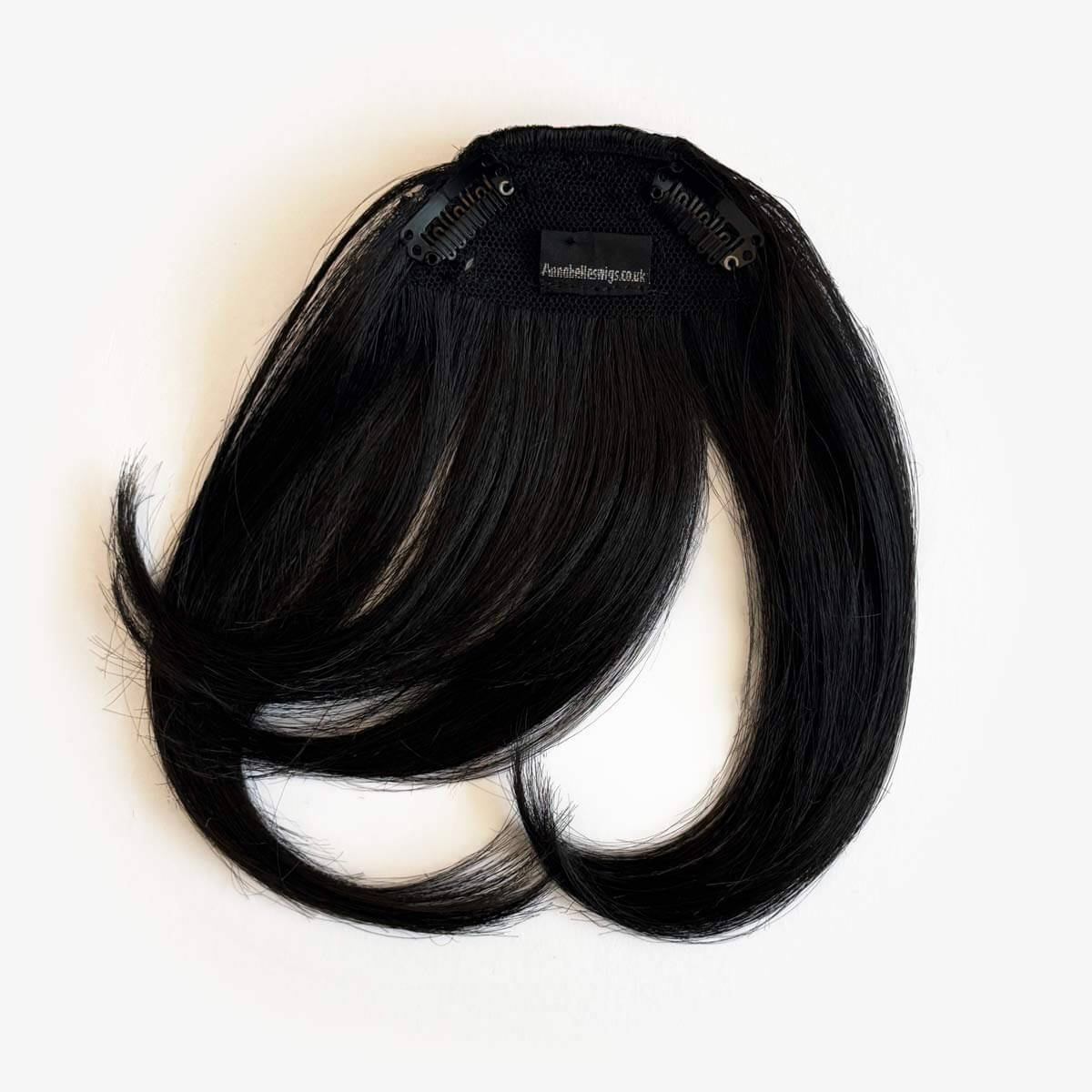 Clip in fringe hairpiece/clip-in curtain bangs, with long, face framing wisps: Sabrina black 1b