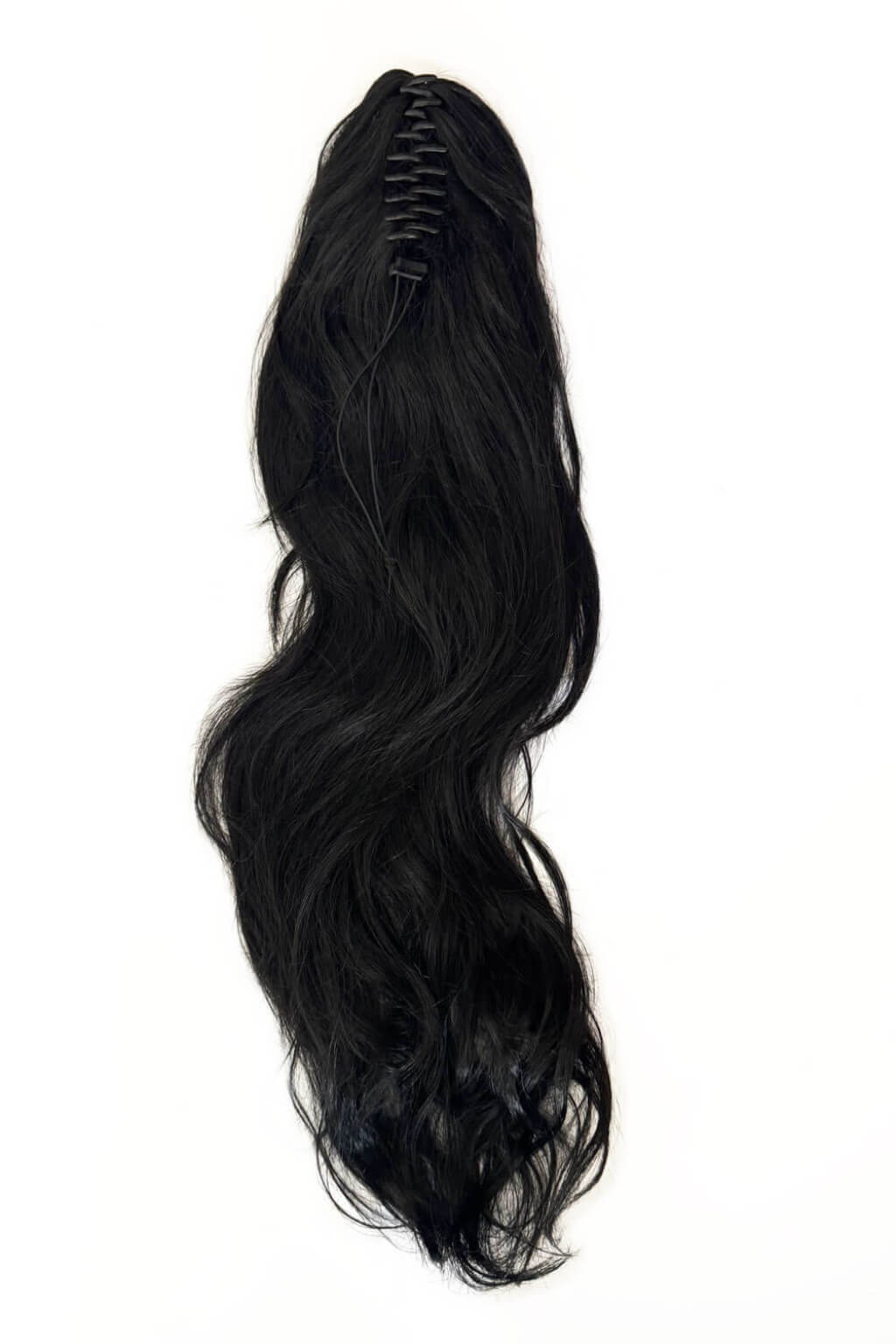 Black hair wrap on a mannequin head against a white background. Clip-in ponytail hairpiece extension: Olivia black 1B