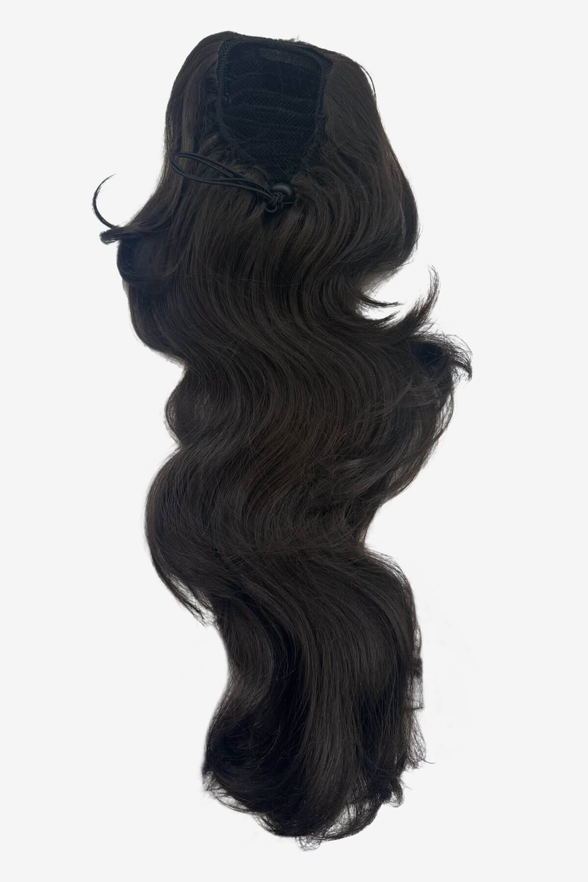 Dark brown hair extension with wavy style on a white background. Double volume hairpiece extension: Naomi dark brown 4