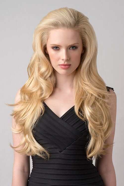 Long blonde half wig hairpiece (3/4 wig) loose curls: Frankii warm blonde 24BH613